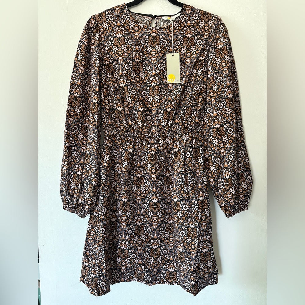 Boden Dress Sz 4‎ Petite Brown Pink Floral Crew Neck Long Sleeve Cottage NEW